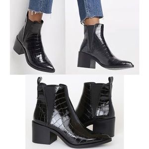 Steve Madden Audience Black Crocodile Embossed Pointed-Toe Shine Ankle Boots